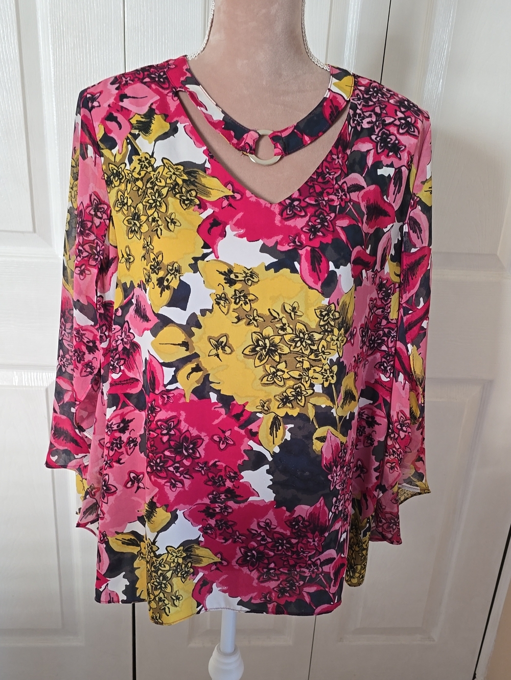 Floral Keyhole Blouse in Pink & Yellow